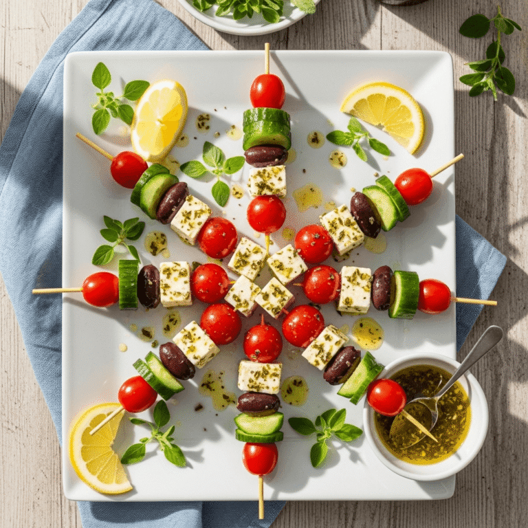 Fresh Greek Salad Skewers with Herb Vinaigrette